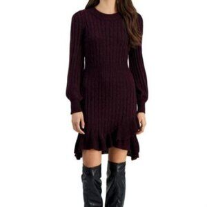 Women's Burgundy Cable-Knit Ruffle-Hem Sweater Dress